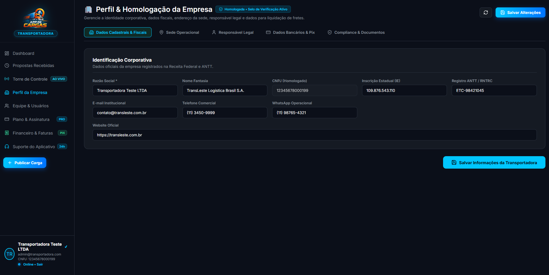 Perfil da Transportadora